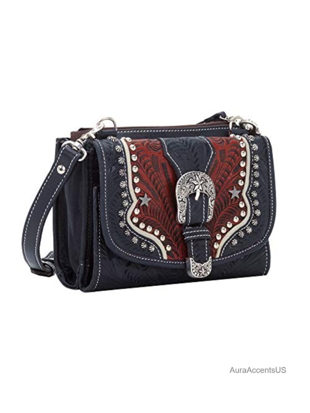 Hand Tooled Genuine Leather Crossbody Bag Wallet Card Slots ID Western